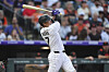Then-Colorado Rockies' Keston Hiura hits an RBI single off San Francisco Giants starting pitcher Robbie Ray in the third inning of a baseball game in Denver on June 11, 2025. [AP/YONHAP]