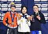 Gold medalist Kim Gil-li, center, poses after the final of the women's 1,000-meter race at the ISU World Short Track Speed Skating Championships in Montreal, Canada, on March 14. [AP/YONHAP]