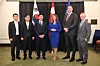 Lee Jae-kyu, CEO of Hanwha Energy (third from left), and Alberta Premier Danielle Smith (fourth from left) pose for a photo after signing a memorandum of understanding for cooperation in key industries including energy and defense on April 21. [HANWHA GROUP]