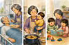 An AI-generated illustration showing Korean grandmothers' so-called multiple caregiving, where they take care of their husbands and grandchildren [CHATGPT]