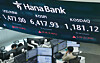A screen in Hana Bank's trading room in central Seoul shows the Kospi closing on April 22. [YONHAP]