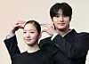 Actors Kim Go-eun, left, and Kim Jae-won pose for a photo at a press conference for the third season of Tving series ″Yumi's Cells″ (2021–) at a hotel in Guro District, southern Seoul, on April 7. [NEWS1]