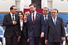 U.S. Vice President JD Vance, center, walks with Pakistan's Chief of Defence Forces and Chief of Army Staff Field Marshall Asim Munir, left, and Pakistani Deputy Prime Minister and Foreign Minister Mohammad Ishaq Dar after arriving for talks with Iranian officials in Islamabad on April 11. [AFP/YONHAP]