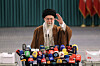 Iranian Supreme Leader Ayatollah Ali Khamenei greets the media after casting his vote during the second round of parliamentary elections in Tehran, Iran, on May 10, 2024. [EPA/YONHAP]