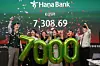 Employees of Hana Bank celebrate in a photo opportunity to mark the Kospi of over 7,000 points at a dealing room of Hana Bank in Jung District, central Seoul, on May 6. [AP PHOTO/YONHAP]