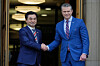 Defense Secretary Pete Hegseth welcomes Korea's Defense Minister Ahn Gyu-back during a ceremony at the Pentagon in Washington on May 11. (AP Photo/Manuel Balce Ceneta)