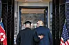 US President Donald Trump, right, and North Korean leader Kim Jong-un depart after a signing ceremony during their historic summit at the Capella Hotel on Sentosa Island, Singapore, on June 12, 2018. [EPA/YONHAP]