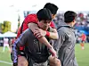 Cho Yu-min is carried off the field after suffering an injury during Korea's friendly against Trinidad and Tobago at Brigham Young University South Field in Provo, Utah, on May 30, ahead of the 2026 World Cup. [NEWS1]