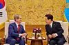Korean President Lee Jae Myung, right, speaks with U.S. Treasury Secretary Scott Bessent at the Blue House in central Seoul on May 13. [BLUE HOUSE]