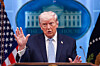 U.S. President Donald Trump gestures as he responds to a question at a press briefing on the Iran war at the White House in Washington on April 6. [EPA/YONHAP]