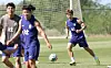 Lee Kang-in, right, trains with his Korea national football teammates at Zions Bank Training Center in Utah on June 1. [NEWS1]