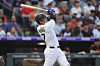 Keston Hiura of the Colorado Rockies hits an RBI single off San Francisco Giants starter Robbie Ray during the clubs' Major League Baseball game at Coors Field in Denver, Colorado, on June 11, 2025. [AP/YONHAP]