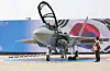 The KF-21 fighter jet at its launch ceremony at the Korea Aerospace Industries headquarters in Sacheon, South Gyeongsang, on March 25. [JOINT PRESS CORPS]