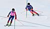 Choi Sa-ra, right, competes alongside guide Eo Eun-mi in the women’s alpine combined vision impaired final at the 2026 Milan-Cortina Paralympic Winter Games at Tofane Alpine Skiing Centre in Cortina d’Ampezzo, Italy, on March 9. [KOREA PARALYMPIC COMMITTEE]