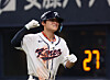 Kim Do-yeong celebrates after hitting a game-tying home run in an exhibition game against the Hanshin Tigers at the Kyocera Dome in Osaka, Japan, on March 2. [YONHAP]