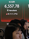 The dealing room at Hana Bank in Jung District, central Seoul shows the Kospi at 6,557.78 points on April 27. [YONHAP]