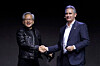 Nvidia CEO Jensen Huang, left, shakes hands with Marvell Technology CEO Matt Murphy during the Computex 2026 exhibition in Taipei, Taiwan, on June 2. [AP/YONHAP]