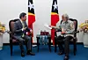 Kim Jae-shin, secretary general of the ASEAN-Korea Centre, left, pays a courtesy call on Kay Rala Xanana Gusmao, prime minister of Timor-Leste in Dili, Timor-Leste, on March 13. [ASEAN-KOREA CENTRE]