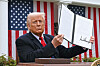 U.S. President Donald Trump holds a signed executive order after delivering remarks on reciprocal tariffs during an event in the Rose Garden on April 2. [AFP/YONHAP]