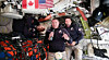 Artemis II astronaut Jeremy Hansen of Canada, center, connects live from the Orion spacecraft and speaks with Canadian media, along with astronauts Victor Glover, left, and Reid Wiseman on April 4.  [AP/YONHAP]