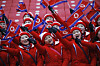 Members of the North Korean delegation wave flags at the women's slalom at the 2018 PyeongChang Winter Olympics in Pyeongchang, Gangwon, on Feb. 14, 2018. [AP/YONHAP]