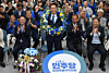 Incoming Gangwon Governor Woo Sang-ho, center, celebrates his victory in the local elections on June 4. [WOO SANG-HO'S OFFICE]