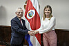 Global Sae-A Group Chairman Kim Woong-ki, left, poses with Costa Rican President Laura Fernández during the chairman's visit to the country in March. [GLOBAL SAE-A GROUP]