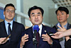 Defense Minister Ahn Gyu-back speaks with reporters at Incheon International Airport before his departure to Washington on May 10. [YONHAP]