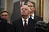 U.S. Senator Lindsey Graham, R-SC, is seen during a swearing in ceremony for Sergio Gor, the new U.S. Ambassador to India, in the Oval Office of the White House in Washington, DC on Nov. 10, 2025. [UPI/YONHAP]