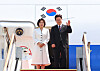 President Lee Jae Myung, right, and first lady Kim Hea Kyung depart from Seoul Air Base in Seongnam, Gyeonggi, on April 19 for a six-day trip to India and Vietnam. He will be making state visits to both countries. [JOINT PRESS CORPS]
