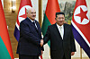 Belarusian President Alexander Lukashenko shakes hands with Kim Jong Un during a meeting in Pyongyang, March 26. PRESIDENT OF THE REPUBLIC OF BELARUS, REUTERS/YONHAP]