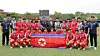 North Korean leader Kim Jong-un, center in second row, poses for a photo with female national footballers in a photo carried by Rodong Sinmun on June 2. [RODONG SINMUN/NEWS1]