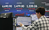 A digital screen shows the Kospi, dolar-won exchange rate and Kosdaq at a Hana bank branch in Seoul on April 29. [YONHAP]
