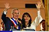 Chile's President Jose Antonio Kast and his wife Maria Pia Adriasola wave to supporters from the balcony of La Moneda presidential palace after his inauguration in Santiago, Chile, on March 11. [AP/YONHAP]