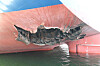 The damage caused to the HMM Namu cargo ship near the Strait of Hormuz measures 5 meters wide and 7 meters deep (16.4 feet wide and 23 feet deep), as seen in this photo shared by the Korean Ministry of Foreign Affairs on May 10. [MINISTRY OF FOREIGN AFFAIRS]