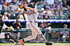 Lee Jung-hoo of the San Francisco Giants hits an RBI single in the seventh inning against the Colorado Rockies at Coors Field on May 31 in Denver. [GETTY IMAGES/YONHAP]