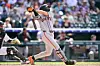 Lee Jung-hoo of the San Francisco Giants hits an RBI single in the seventh inning against the Colorado Rockies at Coors Field on May 31 in Denver. [GETTY IMAGES/YONHAP]