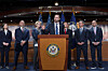 Rep. Jason Crow, a combat veteran, joins other veterans in the House and Democratic leaders to demand congressional approval for embarking on a war with Iran, during a news conference at the Capitol in Washington on March 4. [AP/YONHAP]