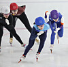 Choi Min-jeong, second from right, competes in the women's 1,000-meter final at the short track speed skating national team trials for the 2026-27 season at Mokdong Ice Rink in Seoul on April 12.