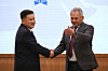 Russian Security Council Secretary Sergei Shoigu, right, and North Korean Minister of State Security Ri Chang-dae shake hands during a bilateral discussion as part of the 13th International Meeting of High Representatives for Security Issues in Moscow on May 28. [AP/YONHAP]