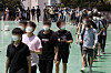 Students at a university in Seongbuk District, northern Seoul, file into a Korail testing center for candidates on June 14, 2020. [NEWS1]