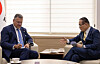 National Security Adviser Wi Sung-lac, right. speaks with European Union Commissioner for Trade and Economic Security Maros Sefcovic in Seoul on April 17 in this photo provided by the Blue House. [YONHAP]