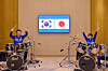 President Lee Jae Myung, left, and Japanese Prime Minister Sanae Takaichi pose for a photo during a drumming session at Nara, Japan, on Jan. 13. [JOINT PRESS CORPS]