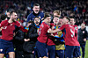 Czechia players celebrate after winning a penalty shootout at the end of the World Cup qualifying playoff final soccer match between Czechia and Denmark in Prague on March 31. [AP/YONHAP]