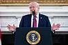 President Donald Trump speaks in the State Dining Room of the White House in Washington on April 21. [AP PHOTO/YONHAP]