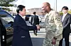 Defense Minister Ahn Gyu-baek, left, and Gen. Xavier Brunson, commander of U.S. Forces Korea, exchange greetings at Camp Humphreys in Pyeongtaek, Gyeonggi, on April 6, prior to a joint review of the bilateral defense posture. [NEWS1]