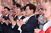 President Lee Jae Myung, second from right, takes part in a celebration of this year's Buddha's Birthday in a temple in Yangju, Gyeonggi, on May 24. [YONHAP]