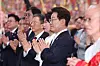 President Lee Jae Myung, second from right, takes part in a celebration of this year's Buddha's Birthday in a temple in Yangju, Gyeonggi, on May 24. [YONHAP]