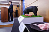 Cho Yong-min, the director general of the National Institute of Animal Science, holds a briefing on the commercialization achievements of a pork breed called “Nanchuk Matdon,” developed from native Jeju black pigs, at the Sejong government complex on March 18. [YONHAP]