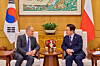 President Lee Jae Myung, right, holds bilateral talks with Polish Prime Minister Donald Tusk at the Blue House in central Seoul on April 13. [BLUE HOUSE]